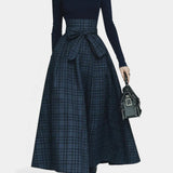 Night Blue High Neck Set with Checkered Skirt in Navy Blue