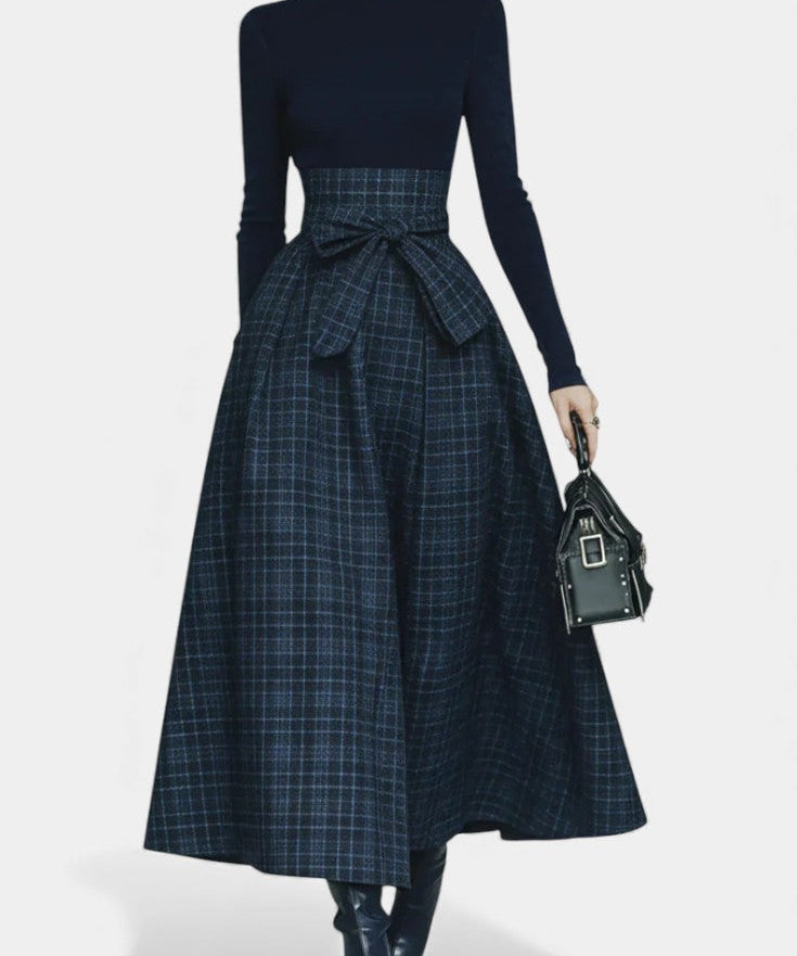 Night Blue High Neck Set with Checkered Skirt in Navy Blue