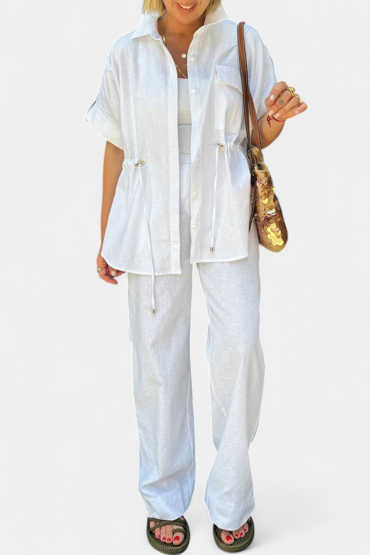 Relaxed Fit Two-Piece Linen and Cotton Set in White