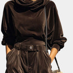 Vintage Brown Velvet Hooded Ensemble with Relaxed Pants, photo 2