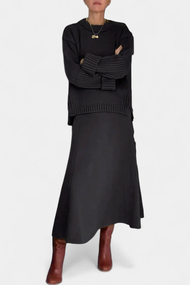 High Neck Sweater and Ribbed Maxi Skirt Set in Black