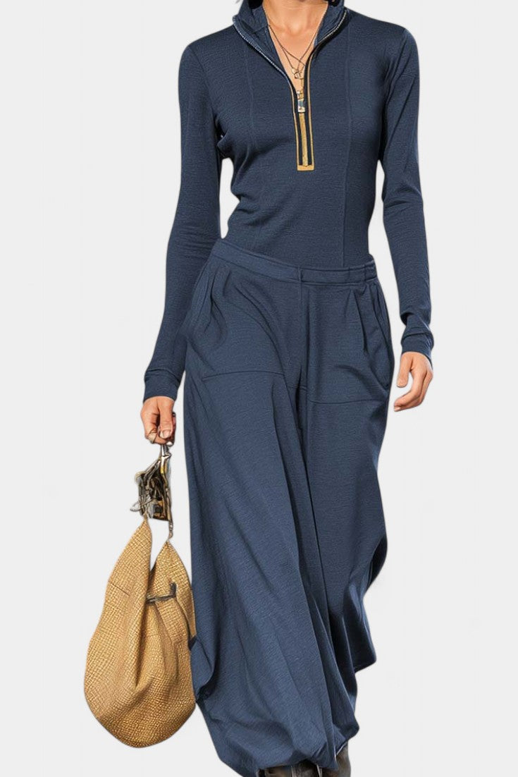 Dark Gray Set Featuring High Collar and Wide-Leg Pants in Dark Blue