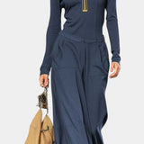 Dark Gray Set Featuring High Collar and Wide-Leg Pants in Dark Blue
