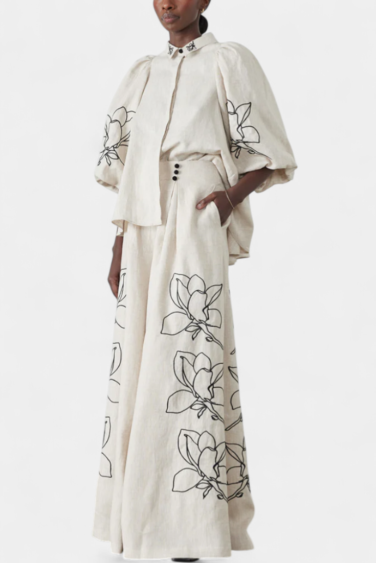 Puff Sleeve Blouse & Wide-Leg Floral Linen Pants Set, photo 2