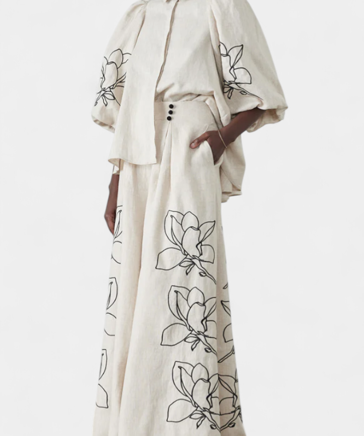 Puff Sleeve Blouse & Wide-Leg Floral Linen Pants Set, photo 2