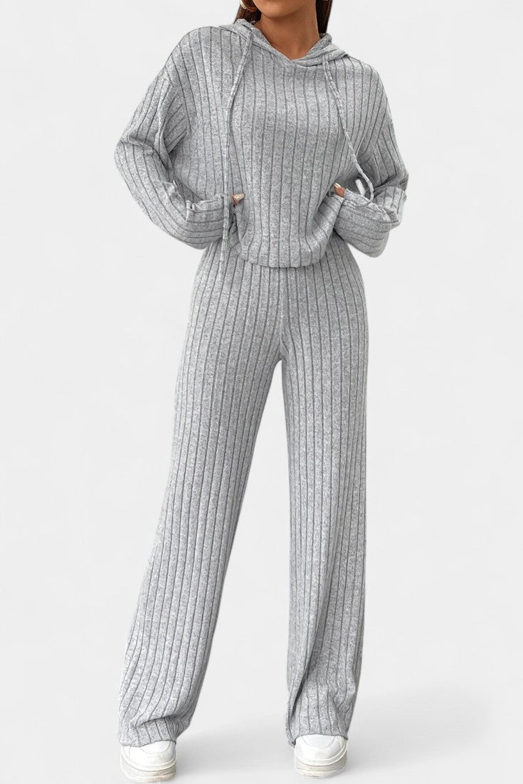 Women's Striped Knit Hoodie and Pants Set in Light Gray