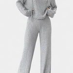 Women's Striped Knit Hoodie and Pants Set in Light Gray