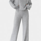 Women's Striped Knit Hoodie and Pants Set in Light Gray