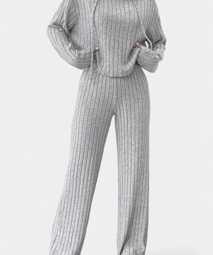 Women's Striped Knit Hoodie and Pants Set in Light Gray