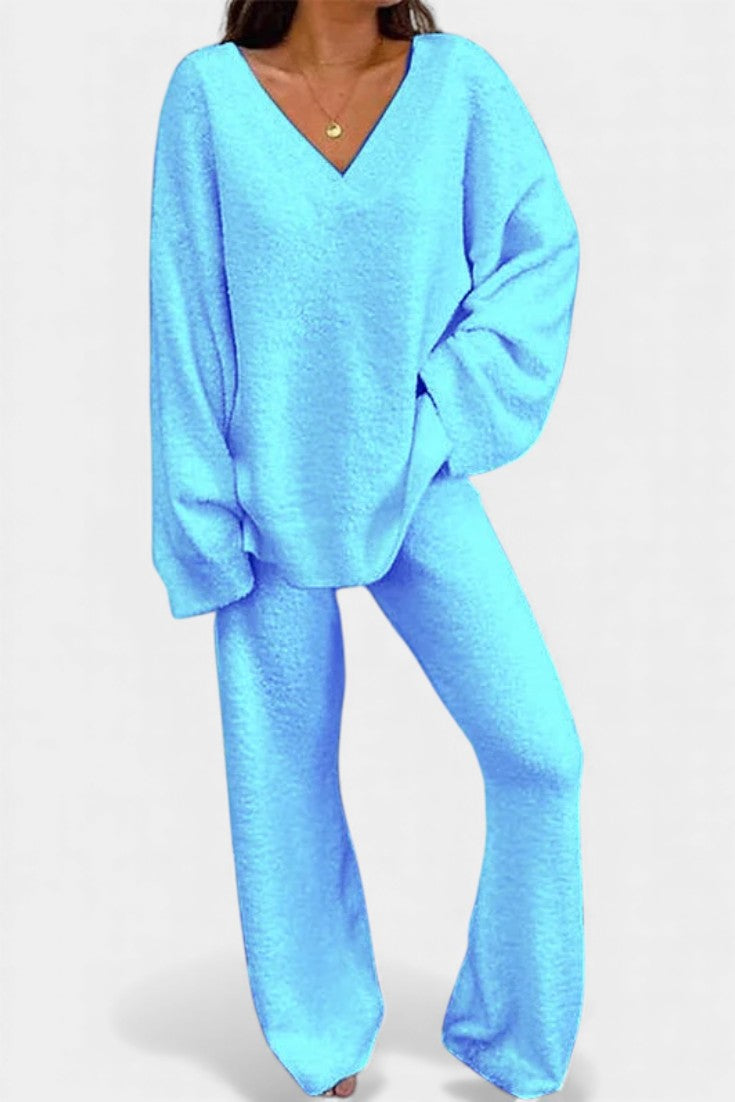 Women's Cozy V-Neck Two-Piece Daily Outfit in Blue