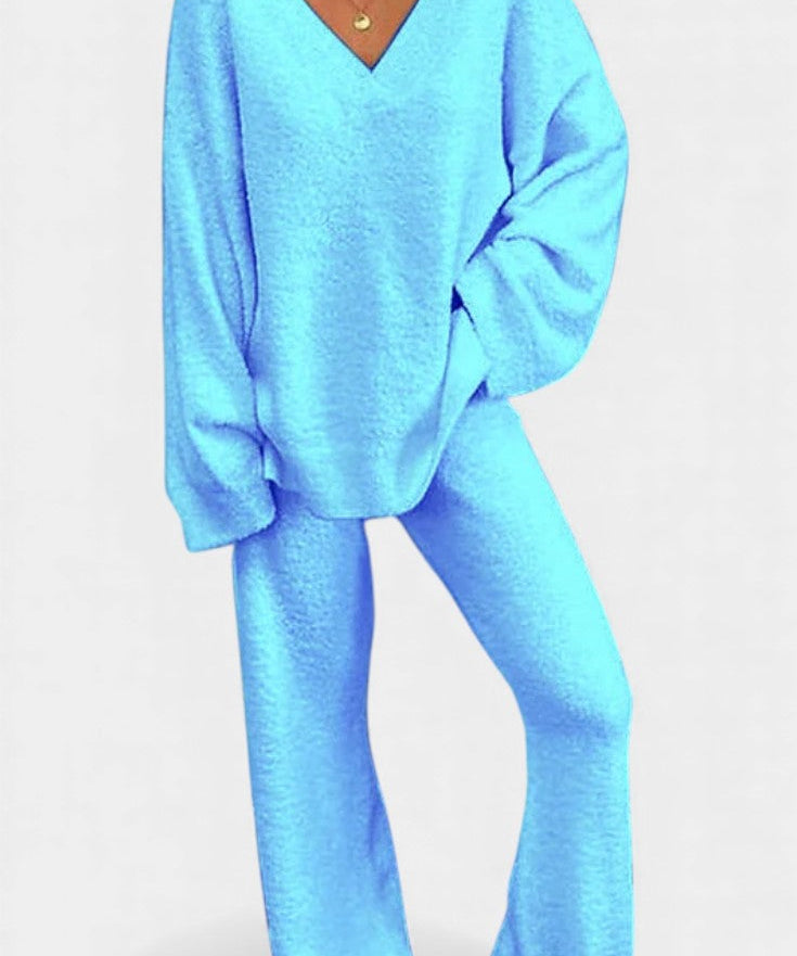 Women's Cozy V-Neck Two-Piece Daily Outfit in Blue
