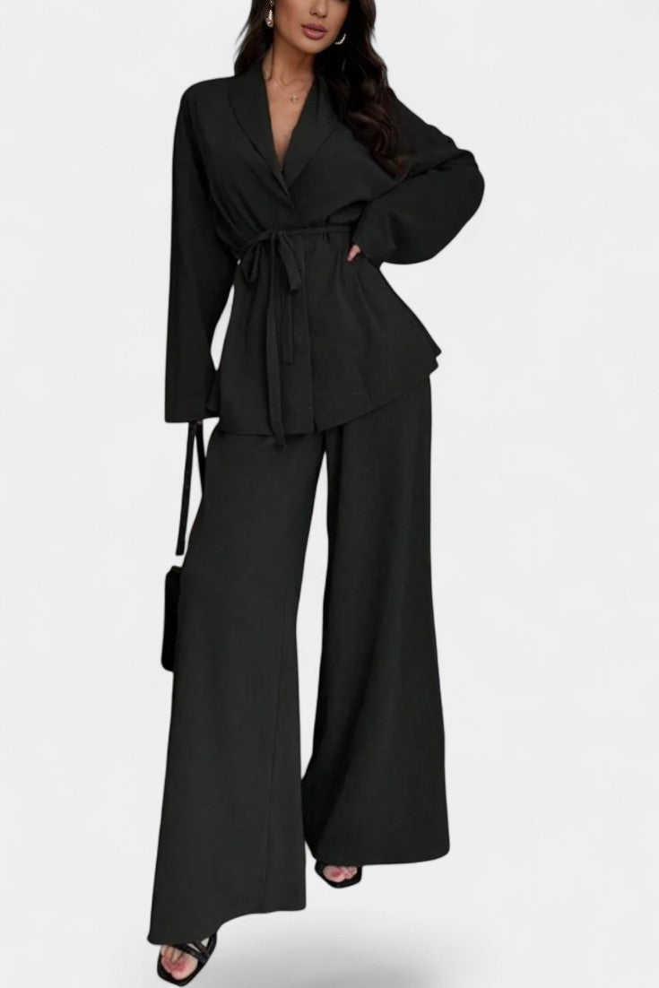 Women's V-Neck Blazer and Flared Pants Set in Black