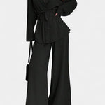 Women's V-Neck Blazer and Flared Pants Set in Black