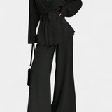 Women's V-Neck Blazer and Flared Pants Set in Black