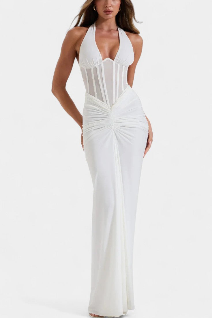 Mesh Corset Halter with Gathered Maxi Skirt Ensemble in White