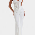 Mesh Corset Halter with Gathered Maxi Skirt Ensemble in White