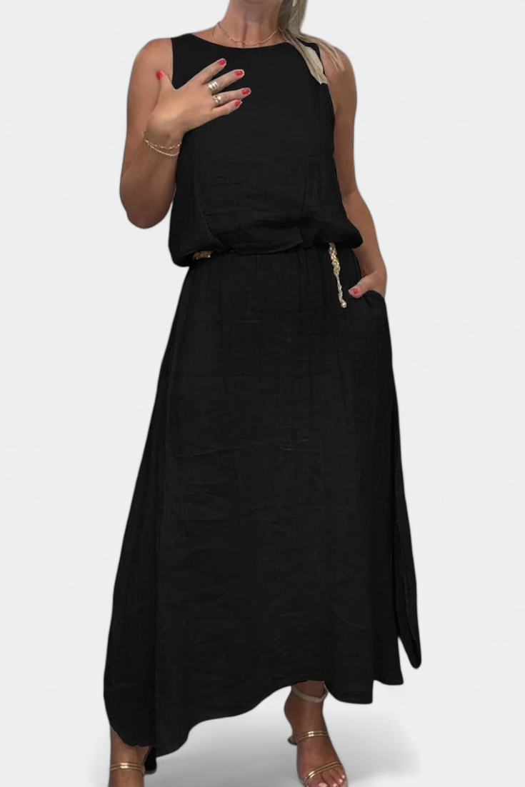 Linen-Cotton Set with Sleeveless Vest and Maxi Skirt in Black