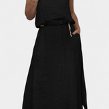 Linen-Cotton Set with Sleeveless Vest and Maxi Skirt in Black
