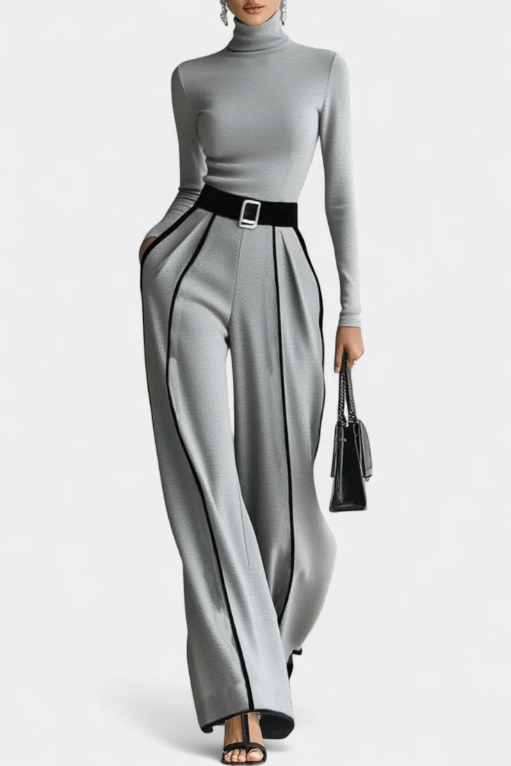 High-Collar Set with Flared Wide-Leg Pants in Gray