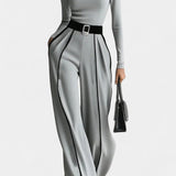 High-Collar Set with Flared Wide-Leg Pants in Gray