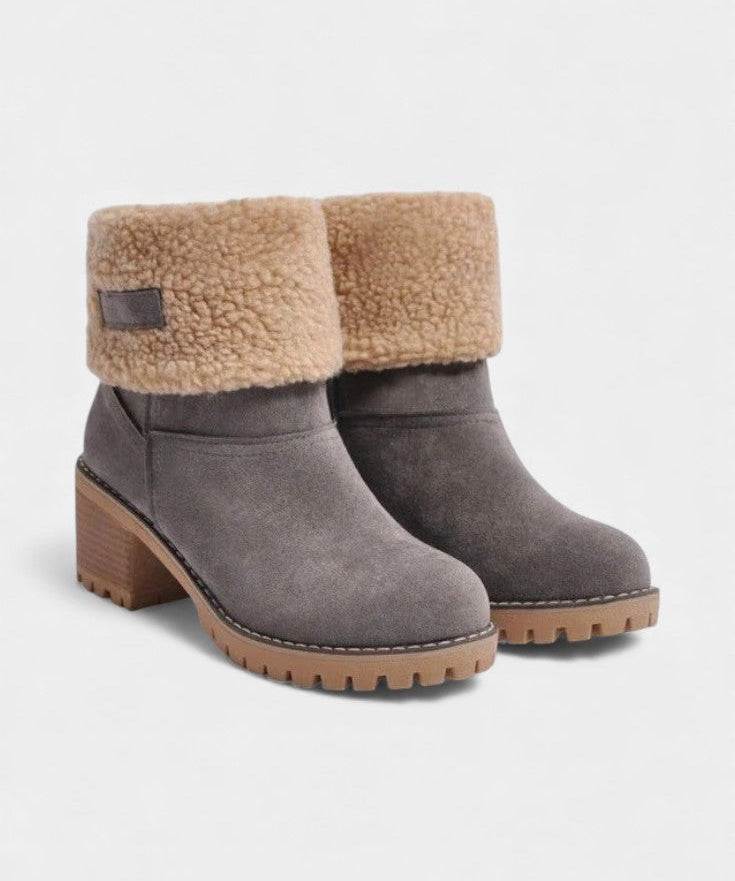 Sienna Faux Fur Block Heel Ankle Boots in Gray