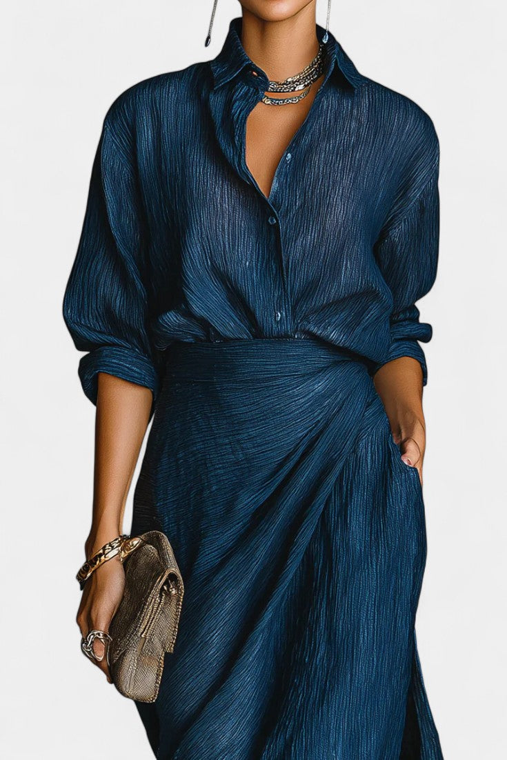 Dark Blue Shirt & Flowing Maxi Skirt Set, photo 2