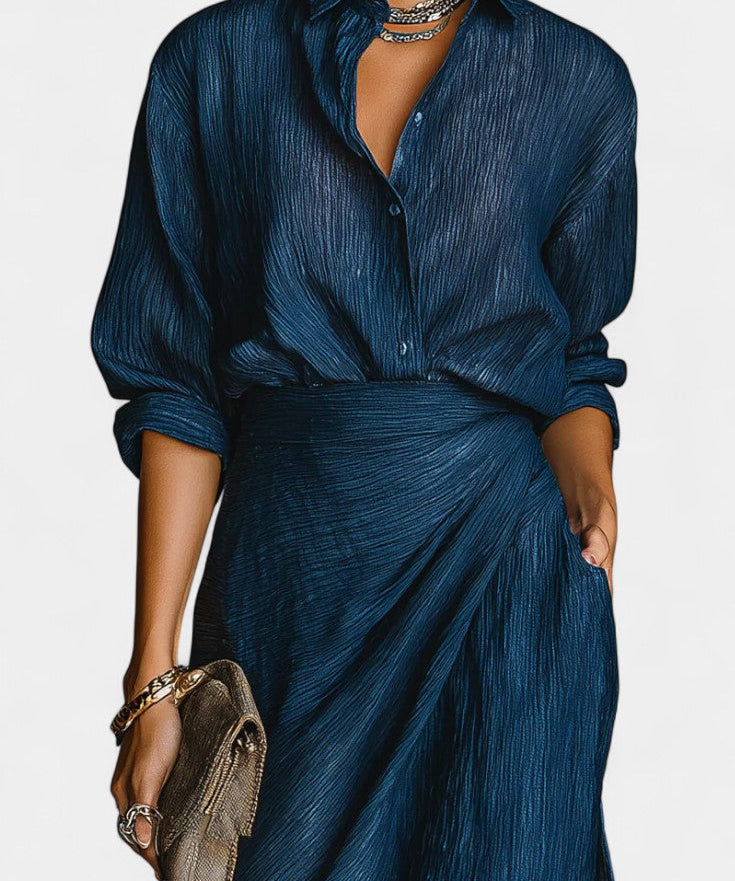 Dark Blue Shirt & Flowing Maxi Skirt Set, photo 2
