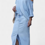 Asymmetrical Denim Set with Long Skirt in Blue