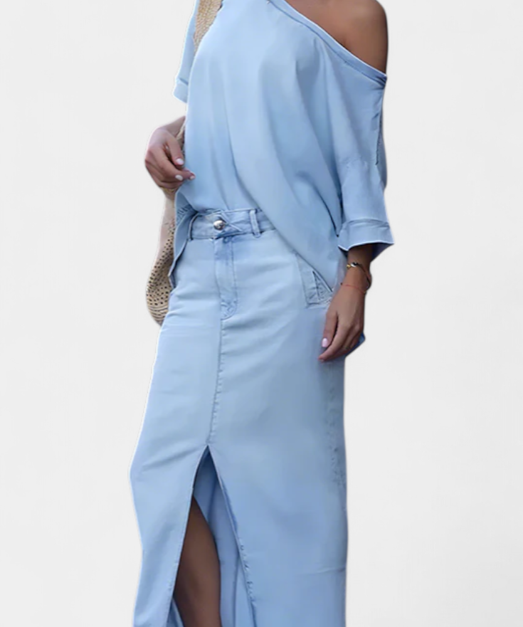 Asymmetrical Denim Set with Long Skirt in Blue