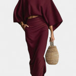 Long Sleeve Casual Ensemble with Flowing Maxi Skirt in Burgundy