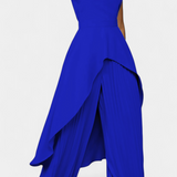 Asymmetrical Sleeveless Outfit with Pleated Pants in Blue