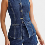 Sleeveless Jacket & High-Waisted Shorts in Blue
