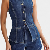Sleeveless Jacket & High-Waisted Shorts in Blue