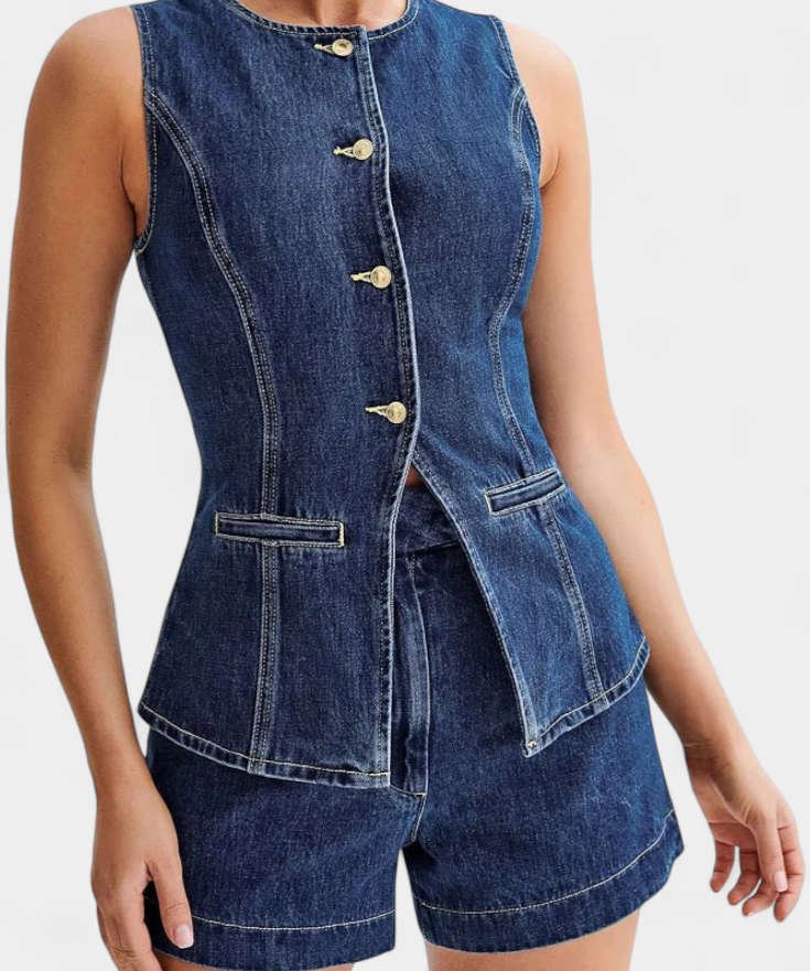 Sleeveless Jacket & High-Waisted Shorts in Blue