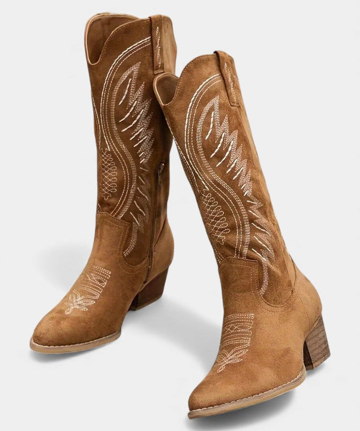 Suede Eusty Cowboy Boots with Block Heel in Light Brown