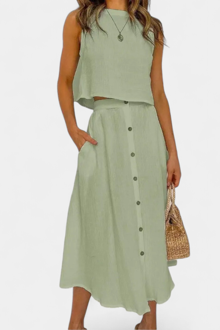 Cotton Button-Detail Midi Skirt Set in Green