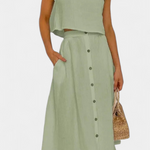 Cotton Button-Detail Midi Skirt Set in Green