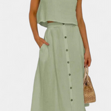 Cotton Button-Detail Midi Skirt Set in Green
