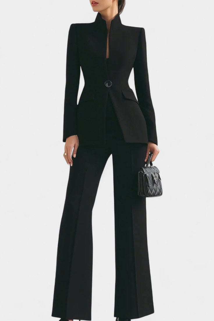 High-Collar Two-Piece Wide-Leg Set in Black