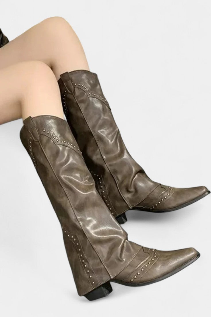 Pointed Toe High Heeled Boots with Vintage Metallic Accents in Dark Green