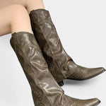 Pointed Toe High Heeled Boots with Vintage Metallic Accents in Dark Green