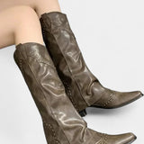 Pointed Toe High Heeled Boots with Vintage Metallic Accents in Dark Green