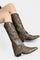 Pointed Toe High Heeled Boots with Vintage Metallic Accents in Dark Green