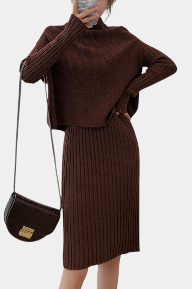Modern Silhouette Two-Piece Knit Ensemble in Brown