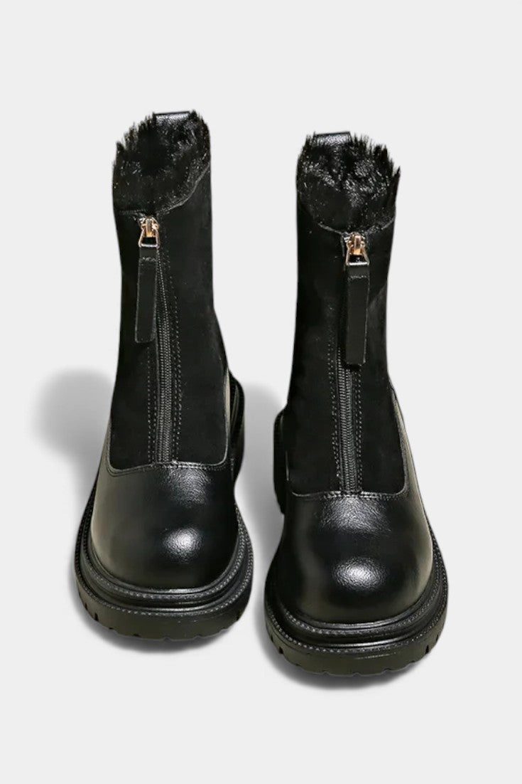 Women's Cleated Sole Boots with Faux Fur Trim in Black