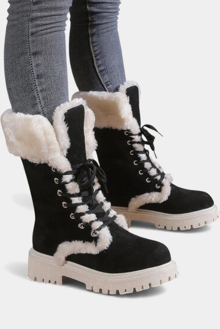 Women's Lace-Up Mid-Calf Faux Fur Boots in Black