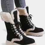 Women's Lace-Up Mid-Calf Faux Fur Boots in Black