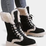 Women's Lace-Up Mid-Calf Faux Fur Boots in Black