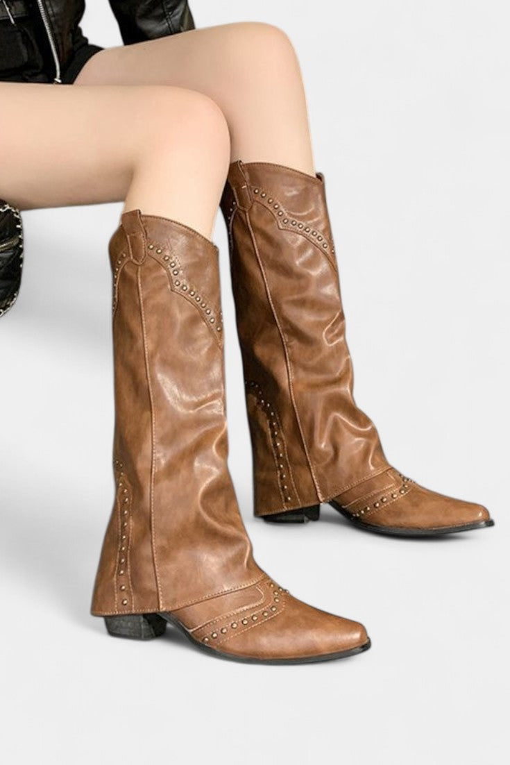 Pointed Toe High Heeled Boots with Vintage Metallic Accents in Brown