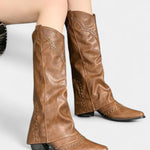 Pointed Toe High Heeled Boots with Vintage Metallic Accents in Brown